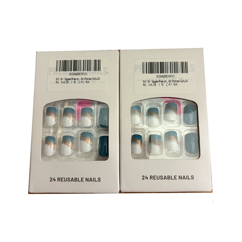 DIY Nail Art Kits | Two (48-total) Press On Nails | Blue, White and Gold colors